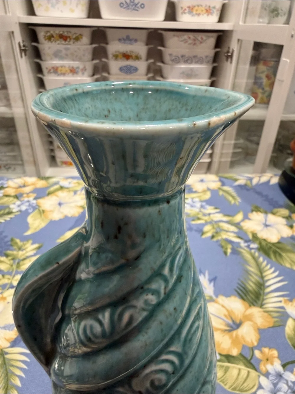 Teal Ceramic Decorative Vase with Swirl Motif